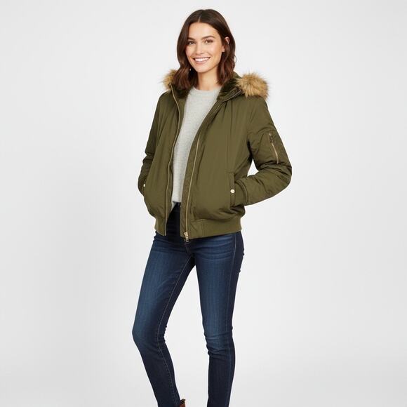 Forever 21 Olive Green Bomber Jacket – Faux Fur Hood Women’s L Zip-Up Coat - Picture 1 of 5